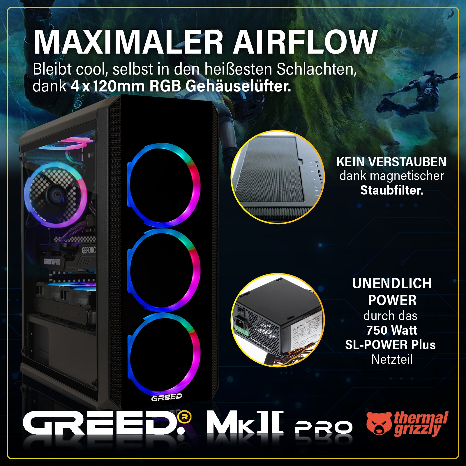 Greed® MK2 Pro AMD - High End Gaming PC, Gaming Computer - AMD Ryzen 7 5700X + Nvidia Geforce RTX 5070 12 GB Greed® MK2 Pro AMD - High End Gaming PC, Gaming Computer - AMD Ryzen 7 5700X + Nvidia Geforce RTX 5070 12 GB